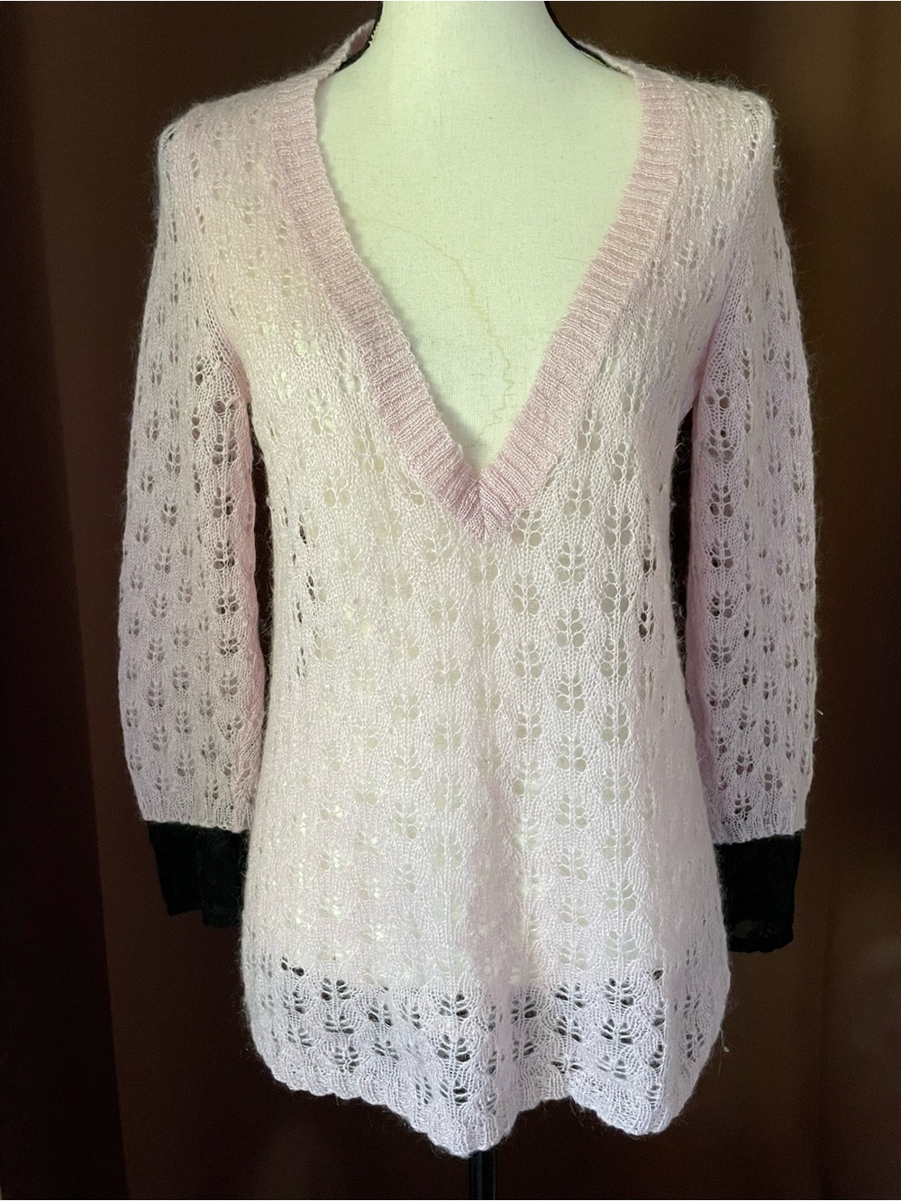 NWOT Soft Romantic Fairycore Pink Sheer Crochet Knit mohair Pullover sweater M